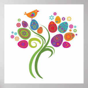 Easter tree with coloured eggs and flowers poster