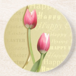 Easter Tulips Gold Typography Coaster