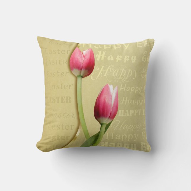 Easter Tulips Gold Typography Cushion (Front)