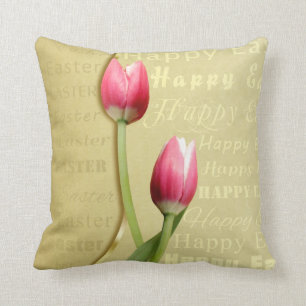Easter Tulips Gold Typography Cushion