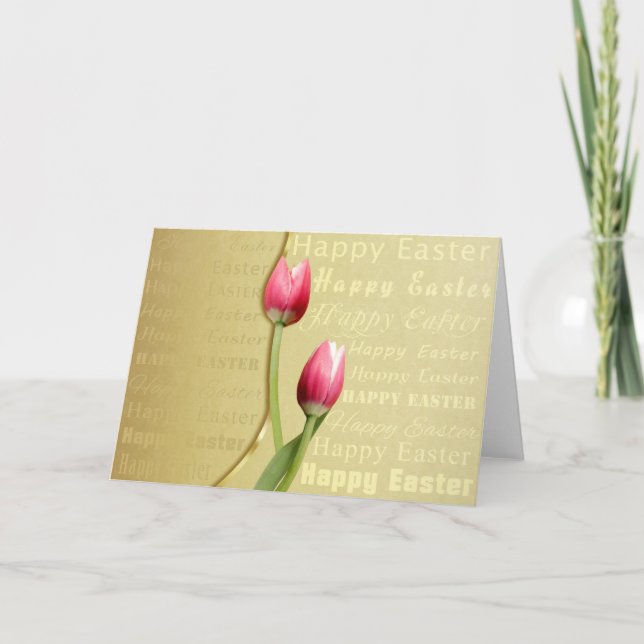 Easter Tulips Gold Typography Holiday Card (Front)
