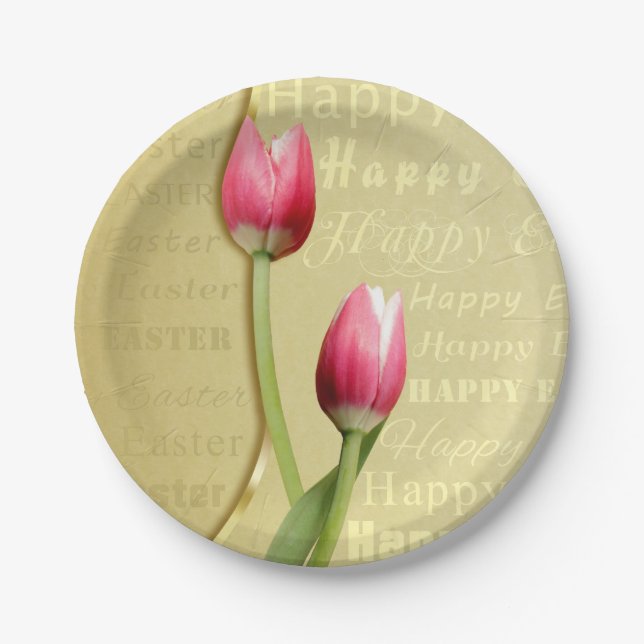 Easter Tulips Gold Typography Paper Plate (Front)