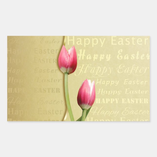 Easter Tulips Gold Typography Rectangular Sticker (Front)
