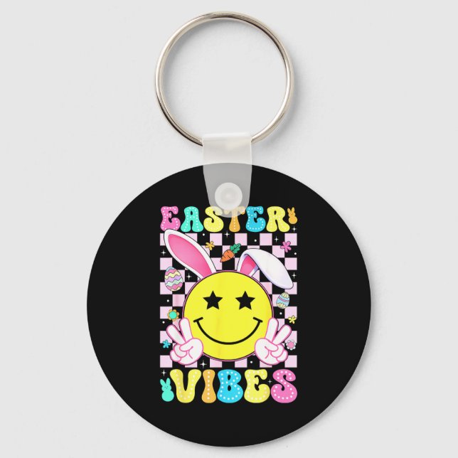 Easter vibes retro groovy bunny rabbit ears womenE Key Ring (Front)