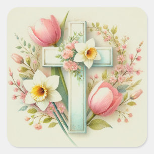 Easter Vintage Floral Cross Religious Spring Square Sticker
