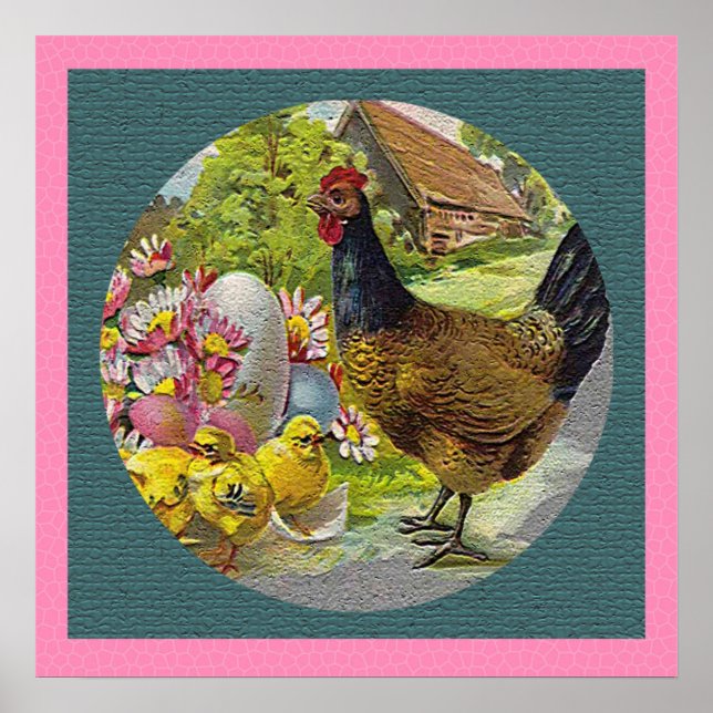 Easter Vintage Hen and Chicks Textured Poster (Front)