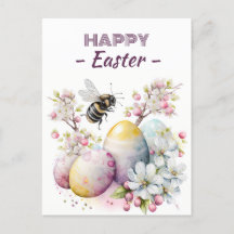 Easter Watercolor Bee Eggs and Flowers -  