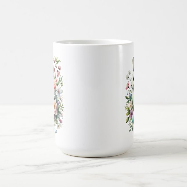 Easter Watercolor Bunny, Eggs & Flowers Coffee Mug (Center)