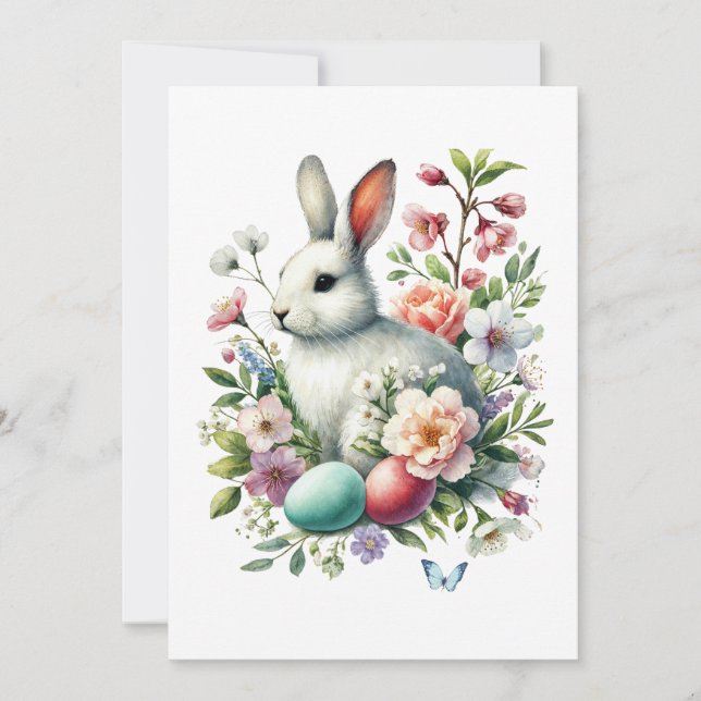 Easter Watercolor Bunny, Eggs & Flowers Invitation (Front)