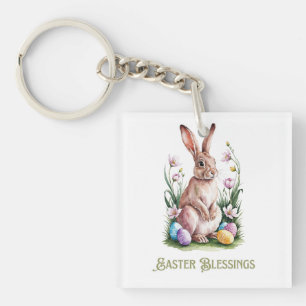Easter Watercolor Bunny & Flowers Key Ring