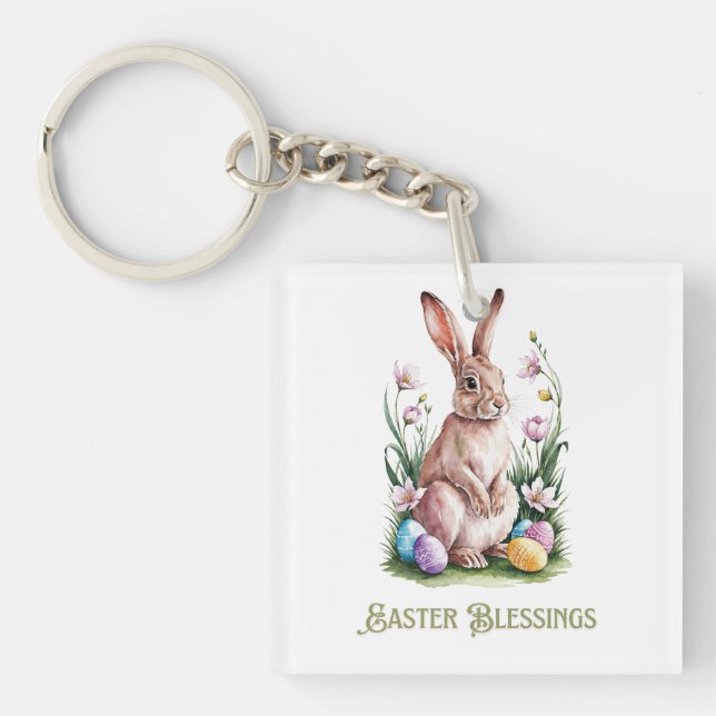 Easter Watercolor Bunny & Flowers Key Ring (Front)