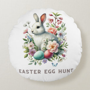 Easter Watercolor Bunny & Flowers Round Cushion