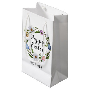 Easter Watercolor Floral Wreath Personalised Name Small Gift Bag