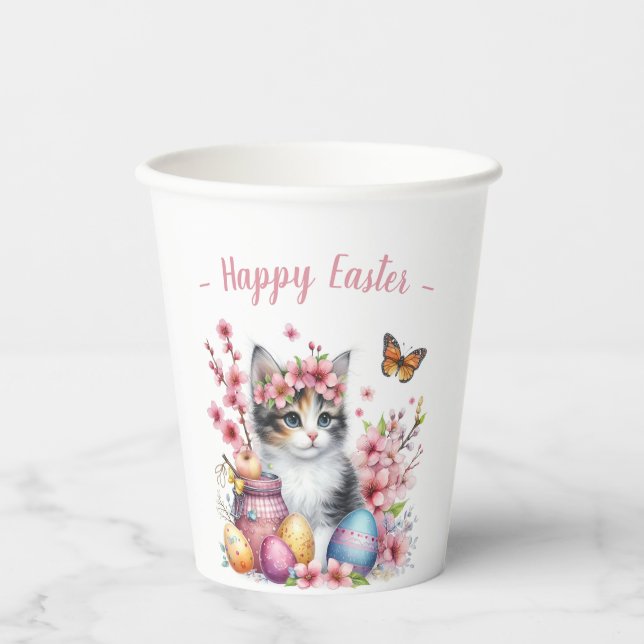 Easter Watercolor Kitten Eggs and Flowers Paper Cups (Front)