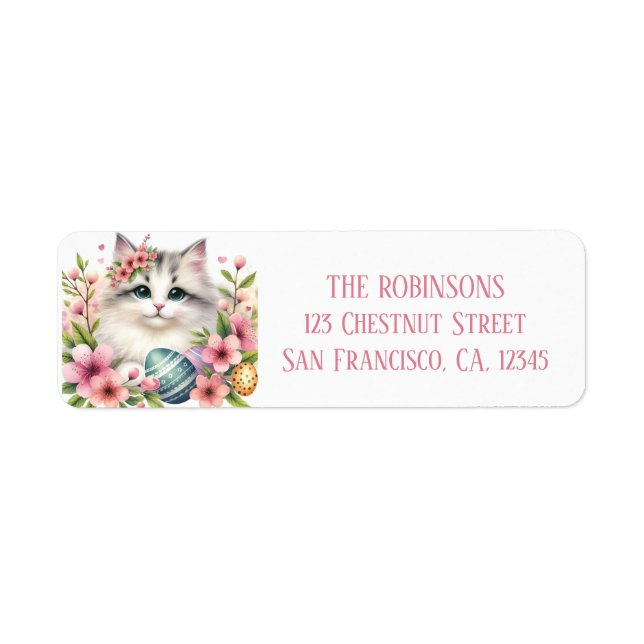 Easter Watercolor Kitten Eggs and Flowers -   Return Address Label (Front)