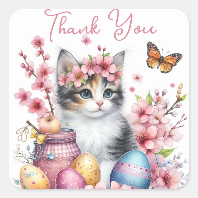 Easter Watercolor Kitten Eggs and Flowers -   Square Sticker (Front)
