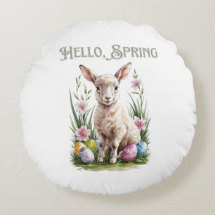 Easter Watercolor Lump, Eggs & Flowers Round Cushion