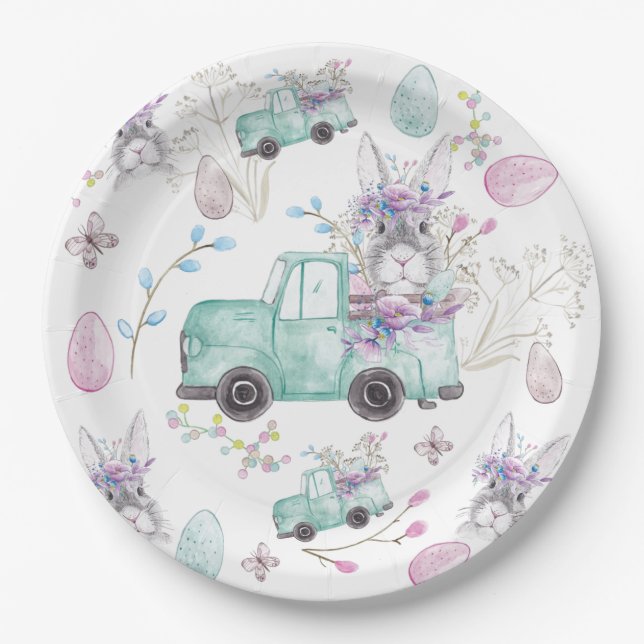 Easter Watercolor Pattern Bunny Truck Paper Plate (Front)