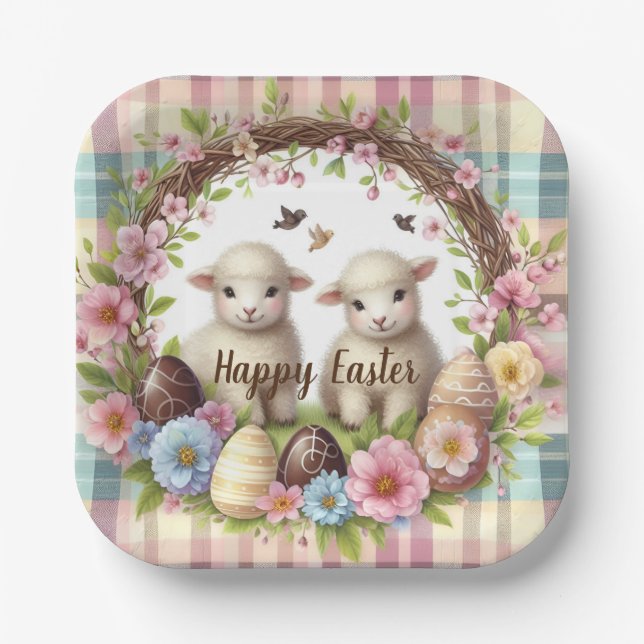 Easter Watercolor Plaid Two Lambs Paper Plate (Front)