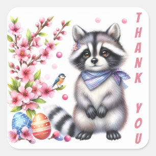 Easter Watercolor Racoon Eggs and Flowers - Square Sticker