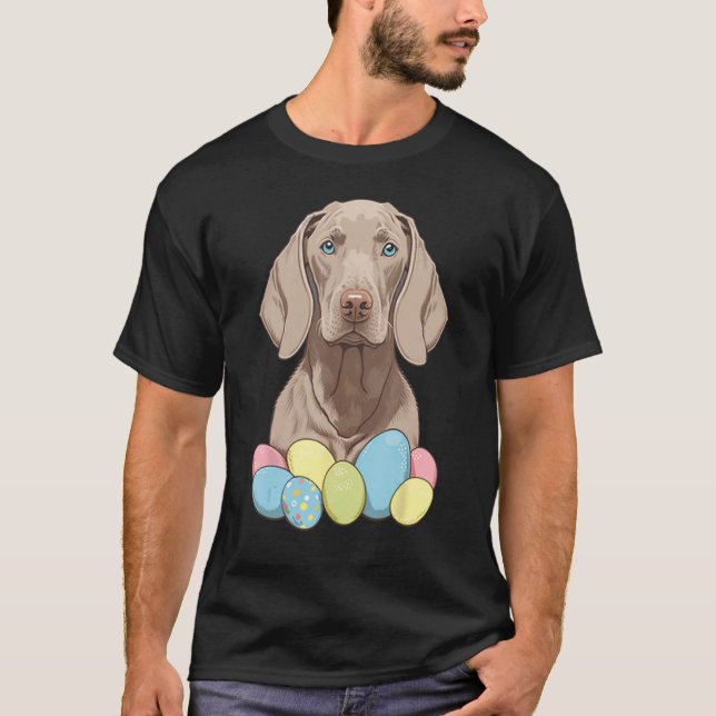 Easter Weimaraner Bunny Eggs Dog on Easter Weimara T-Shirt (Front)