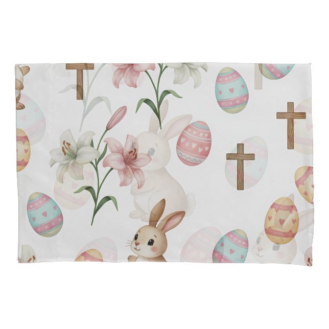 Easter Whimsy – Seamless Bunny & Lily Pattern Pillowcase (Front)
