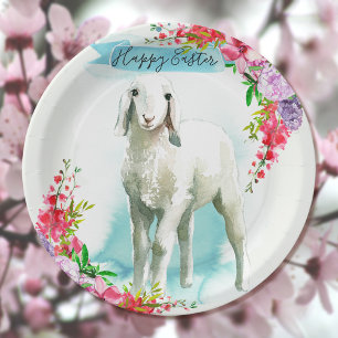 Easter White Lamb Spring Flowers Paper Plate