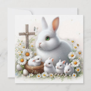 Easter White Rabbits with Cross and Daisies Card