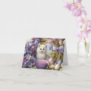 Easter with Cute Kitten and Flowers Coloured Eggs Card