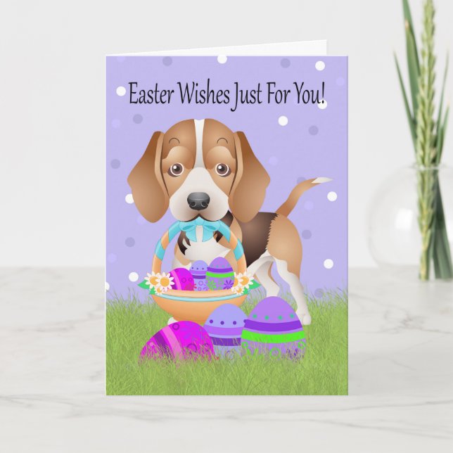 Easter With Little Beagle And Easter Eggs Holiday Card (Front)