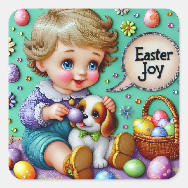 EASTER ~WOW! VINTAGE BOY ~  SQUARE STICKER (Front)