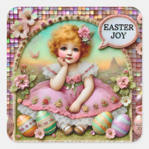 EASTER ~WOW! VINTAGE GIRL~ SQUARE STICKER