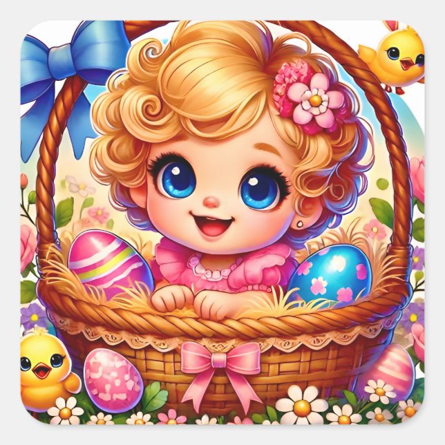 EASTER ~WOW! VINTAGE GIRL ~  SQUARE STICKER (Front)
