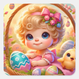 EASTER ~WOW! VINTAGE GIRL ~ SQUARE STICKER