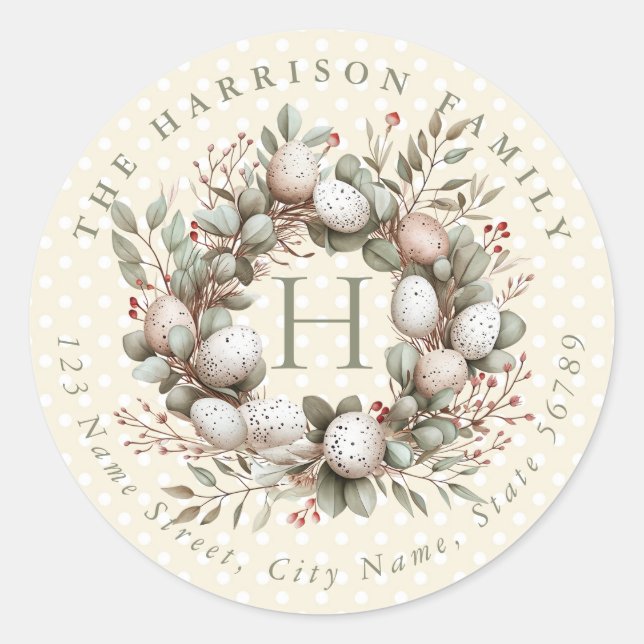 Easter Wreath Personalised Name Round Stickers (Front)