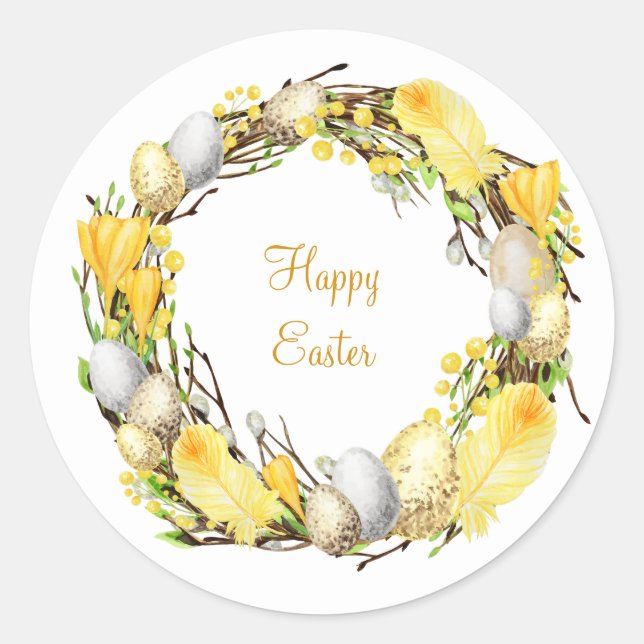 Easter Wreath with Eggs and Yellow Feathers Classic Round Sticker (Front)