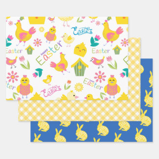 Easter Yellow Cute Chicks and Bunnies Wrapping Paper Sheet