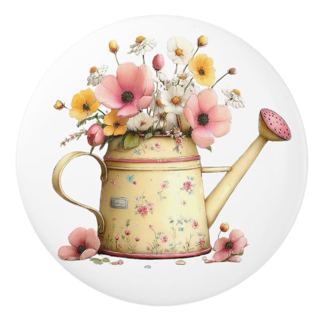 Easter Yellow Pink Watering Can of Flowers Ceramic Knob (Front)