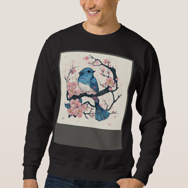 Eastern Blue Bird and Sakura Blossom Branch Sweatshirt (Front)