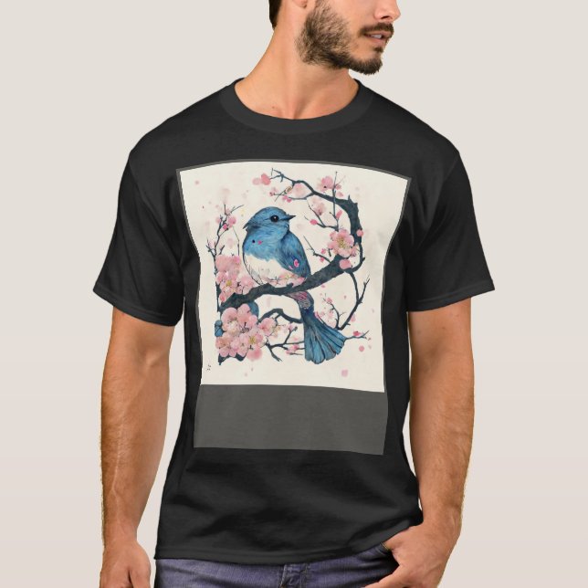 Eastern Blue Bird and Sakura Blossom Branch T-Shirt (Front)