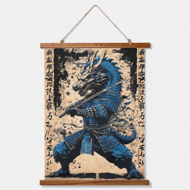 Eastern Blue Dragon Samurai Warrior - Japanese Ink Hanging Tapestry (Front)