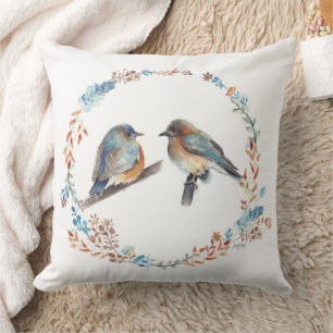 Eastern Bluebird Couple Floral Wreath Cushion