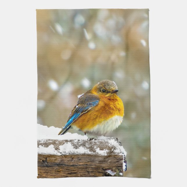Eastern Bluebird in Snow - Original Photograph Tea Towel (Vertical)