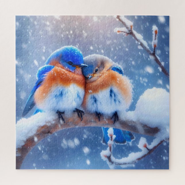 Eastern Bluebirds Snuggling On a Snowy Branch Jigsaw Puzzle (Vertical)