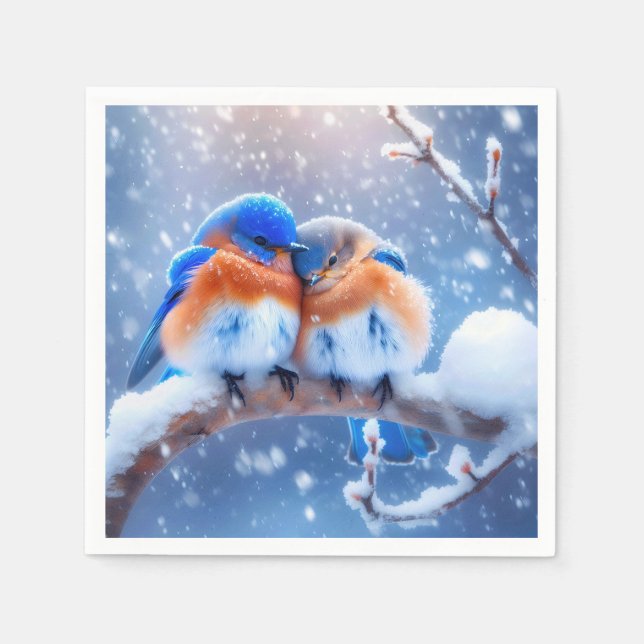 Eastern Bluebirds Snuggling On a Snowy Branch Napkin (Front)