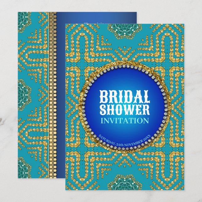 Eastern Bohemian Blue+Gold Sparkle Bridal Shower Invitation (Front/Back)