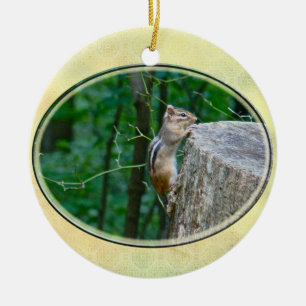 Eastern Chipmunk on Stump Ceramic Tree Decoration