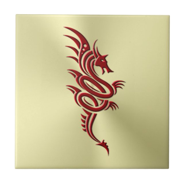 Eastern Crimson Dragon, Embossed-effect on Gold Ceramic Tile (Front)