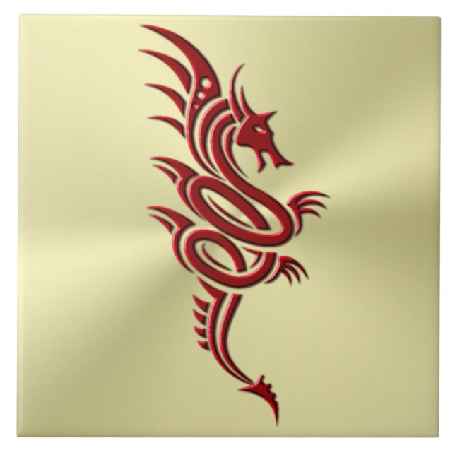 Eastern Crimson Dragon, Embossed-effect on Gold Ceramic Tile (Front)