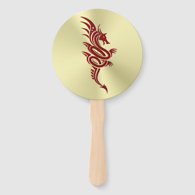 Eastern Crimson Dragon, Embossed-effect on Gold Hand Fan (Front)